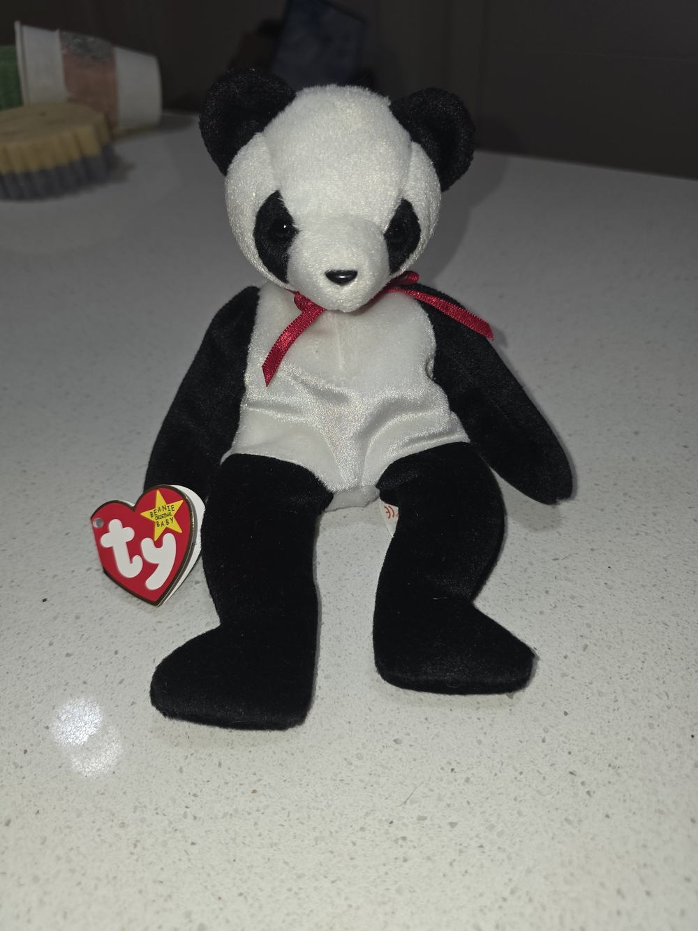 Ty Beanie Baby Black & White Panda Plush Toy with Red Ribbon